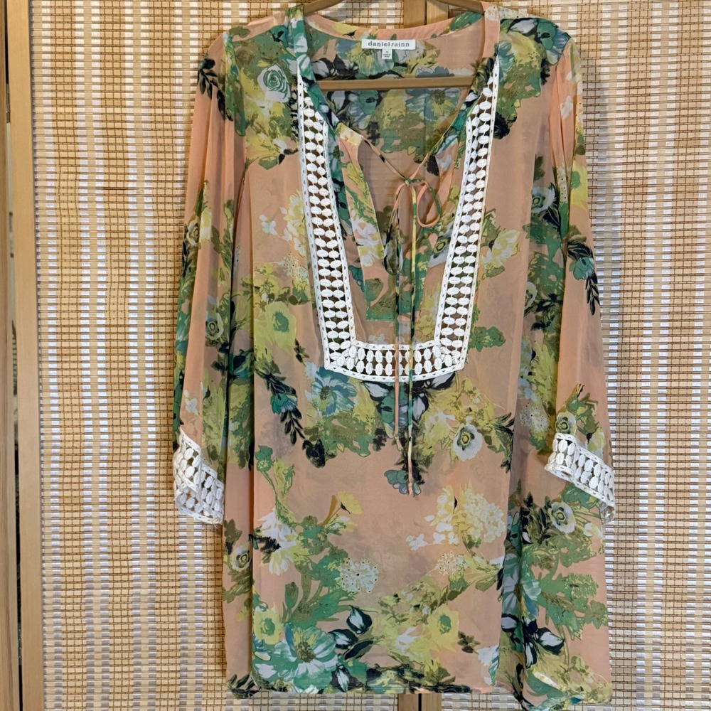 Daniel Rainn Peach Floral Crochet Lace Trim Tunic Blouse 2X Boho Cottagecore